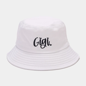Detail of Gigi embroidery and stitched brim on white cotton bucket hat for women