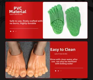Detail view of funny PVC big toe slippers showing green and flesh color options
