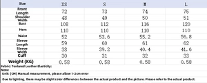 Tableau des tailles pour veste longue en similicuir avec mesures détaillées du corps