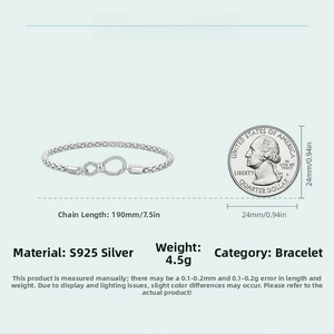 Detailed view of S925 sterling silver infinity chain bracelet with 190mm length and size coin