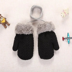 Thick knit baby gloves with grey faux fur cuffs and anti-lost neck string for winter