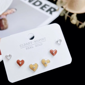 Three-pair heart stud earrings set in silver, red and yellow 925 silver needles