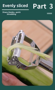 Macro shot of stainless steel dual-head peeler creating uniform vegetable shreds