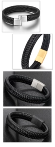 Detail of black braided leather bracelets with silver, gold and black magnetic clasps