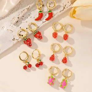 Fruit Hoop Earrings For Women Cute Strawberry Cherry Dragon Fruit Chili Copper 18K Gold Plated Enamel Dangle Jewelry