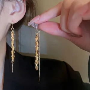 Long Tassel Earrings Leaf Wheat Spike Design Gold Plated Copper For Women Fashion Elegant Dangle Ear Threaders