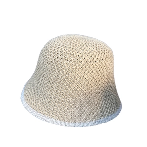 Minimalist knit sun hat with contrast trim and hollow weave texture in beige for summer