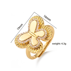 Macro detail of gold-plated butterfly ring showing 19mm x 16mm size and 4.3g weight