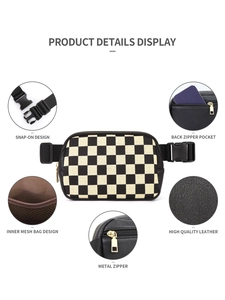 Detailing checkerboard nylon fanny pack with metal zipper and inner mesh pocket features