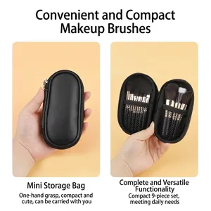 Portable 9-piece mini makeup brush set with a black zippered PU travel pouch storage case
