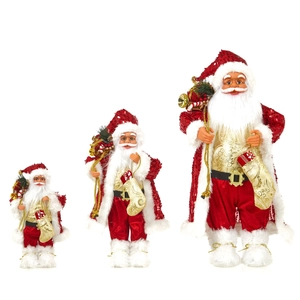 Three sequined Santa Claus dolls in various sizes with red outfits and gold gift bags