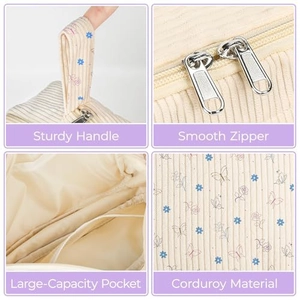 Corduroy pencil case with blue floral patterns and handle, highlighting detail features