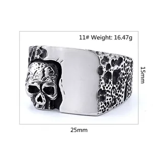 Vintage stainless steel skull ring for men with hammer texture finish and bold relief