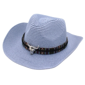Light blue woven straw cowboy hat with ethnic band and silver bull skull ornament