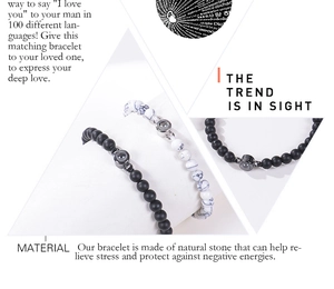 Detail showing projection stone feature with 100 languages I Love You on stone bracelet