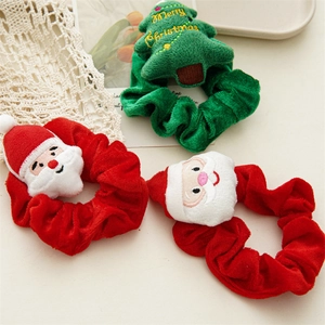 Three-piece Christmas velvet scrunchies with plush Santa Claus and Merry Christmas tree