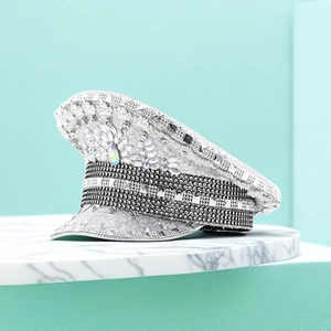 Detailed view of silver sequins and rhinestones on the vintage military party hat