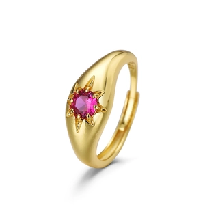 Gold plated S925 silver ring with ruby red gemstone in star setting and open band design