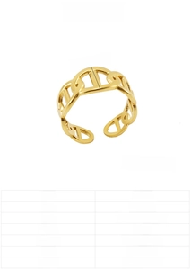 Detail view of 18K gold plated stainless steel hollow geometric link ring with dimensions