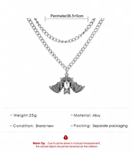 Detailed technical spec showing antique silver bat pendant necklace dimensions and weight
