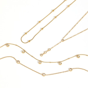 Gold stainless steel snake and link chain necklaces with clear zircon round pendants
