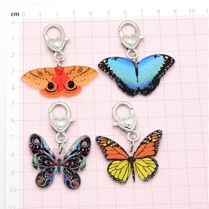 Retro colorful acrylic butterfly keychains with glitter wings and heart spring clasps