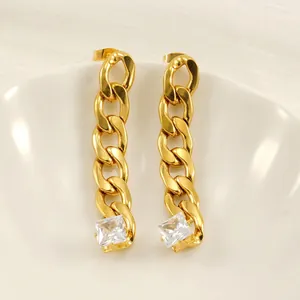 Trendy Cuban Link Chain Drop Earrings Stainless Steel 18K Gold Plated Square Zircon Dangle Earrings For Women