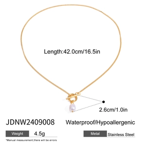 Detail showing 18k gold plated necklace dimensions, pearl pendant size, and OT clasp design
