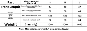 Detailed size chart for hooded wool jacket including length, shoulder and bust measurements