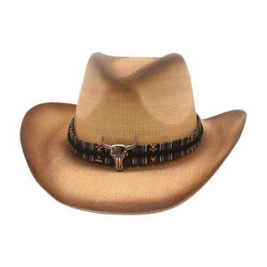 Chapeau De Paille Western Cowboy Avec Décor De Crâne De Taureau Bande Ethnique Large Bord Protection Solaire Rétro