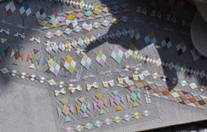 Detail showing thin colorful diamond grid nail stickers with bow patterns and durable texture