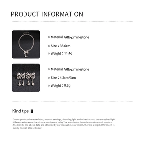 Detailed specs for rhinestone bow necklace and earrings set made of high-quality alloy