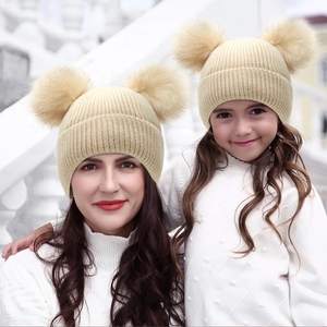 Knitted Beanie Hat Double Pom Pom Faux Fur Warm Fleece Lined Winter Ribbed Cute Bear Ears For Kids Women Parent Child