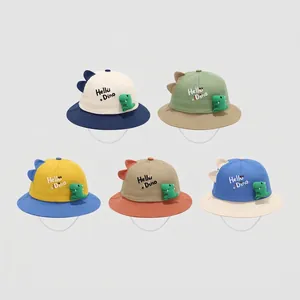 Kids dinosaur bucket hats in five color combinations with 3D dinosaur plush and wind rope