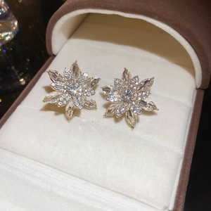 Macro detail of silver flower stud earrings with sparkling cubic zirconia in jewelry box