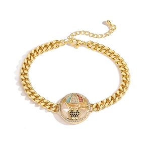 Golden Cuban chain bracelet with a cartoon boy pendant featuring colorful zircon details
