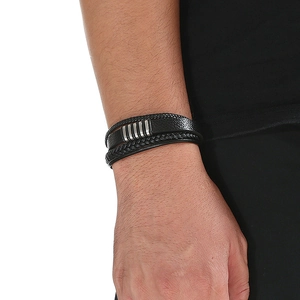 Minimalist multi-layer black woven leather bracelet with silver metal bars for men
