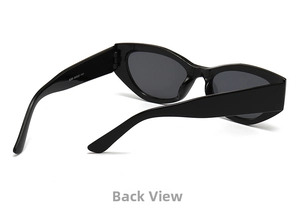 Detail view of black cat-eye sunglasses with white size parameters on inner temples