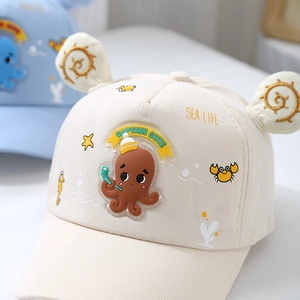 Beige kids baseball cap with 3D ears and cute octopus patch featuring sea life print