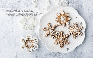 Detailed snowflake cookie cutters set showing finished royal icing biscuit designs