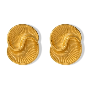 Elegant gold drop earrings featuring a textured spiral double disk design in titanium steel