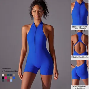 Tight-fitting electric blue yoga jumpsuit with back cutout and peach-lift seam detail