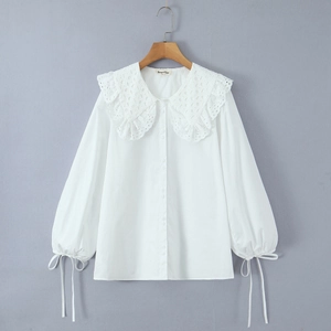Women White Blouse Polyester Hollow Out Lace Peter Pan Collar Lantern Sleeve Bow Tie Cuff Casual Shirt