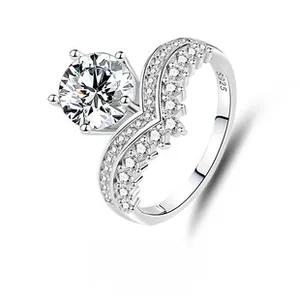 Macro detail of S925 sterling silver crown ring featuring six-prong moissanite setting