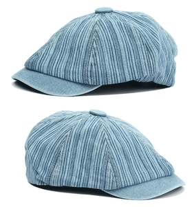 Detail of light blue newsboy cap featuring vertical corduroy texture and top button