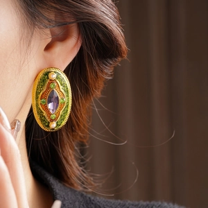 Vintage baroque oval earrings with green enamel, purple crystal and white pearls
