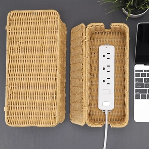 Cable Management Box Imitation Rattan Woven Cord Organizer Side Openings With Lid Desktop Power Strip Cover Hideaway