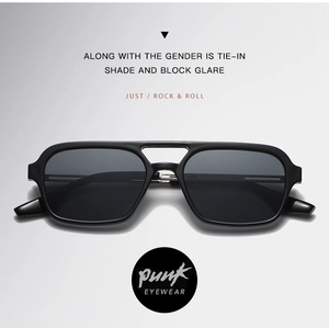 Detailed close-up of large black square double-bridge sunglasses with dark grey lenses