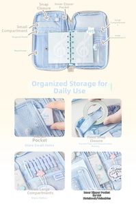 Detail of light blue stationery pouch featuring M5 metal rings and mesh storage pockets
