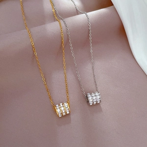Minimalist titanium steel gold necklace with three-row zircon cylinder pendant